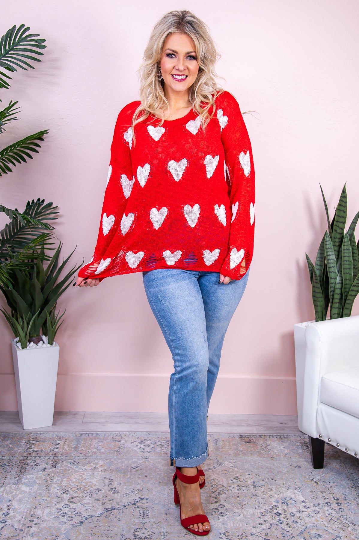 The Night We Met Red/Ivory Heart Printed Distressed Top - T8648RD