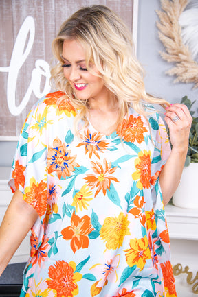 Blossoming Oasis Light Blue/Multi Color Floral Top - T7225LBL