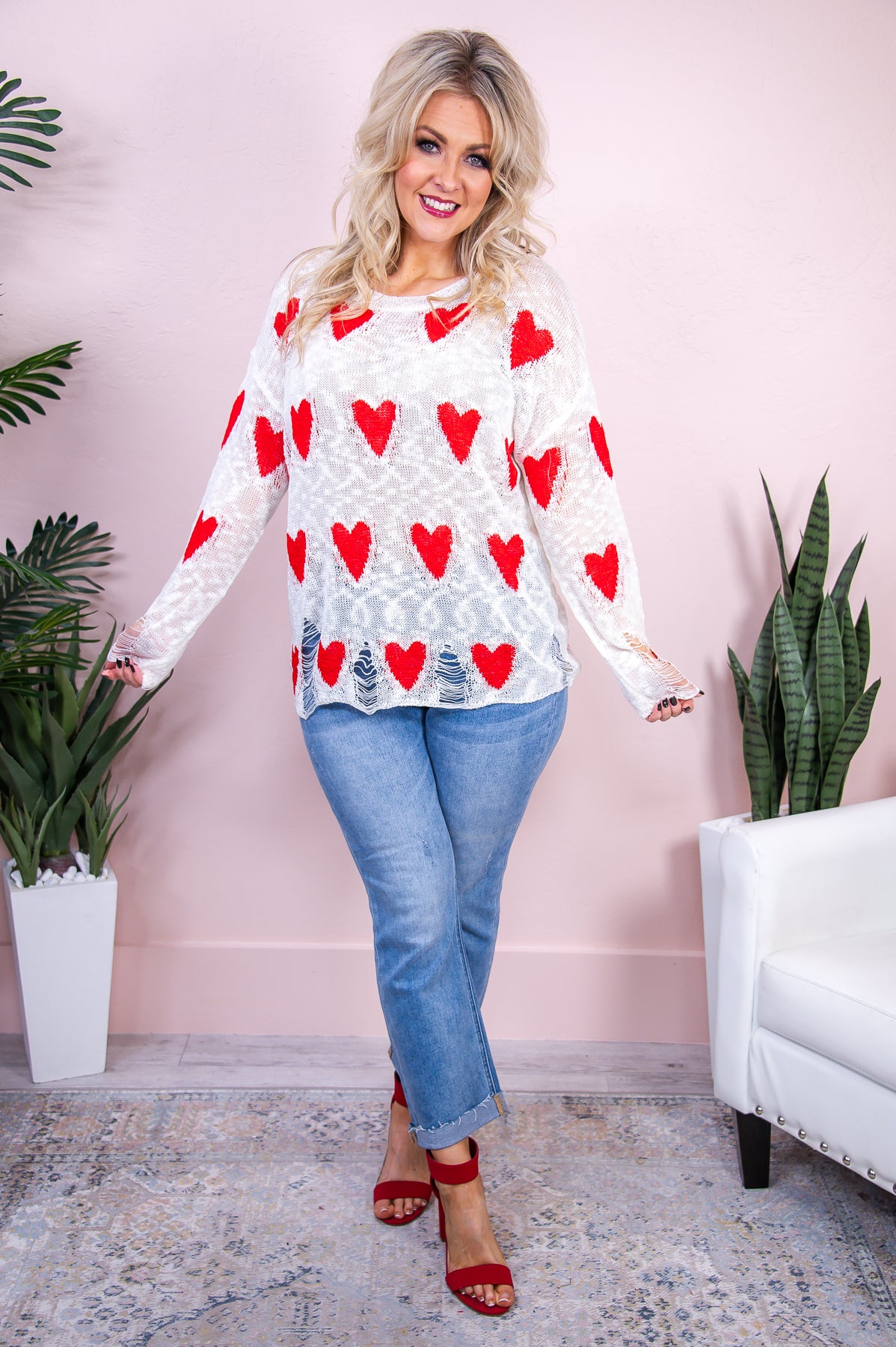 The Night We Met Off White/Red Heart Printed Distressed Top - T8660OW