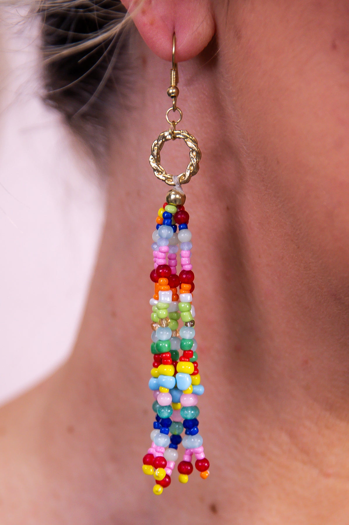 Gold/Multi Color Circle/Seed Bead Tassel Drop Earrings - EAR4285MU