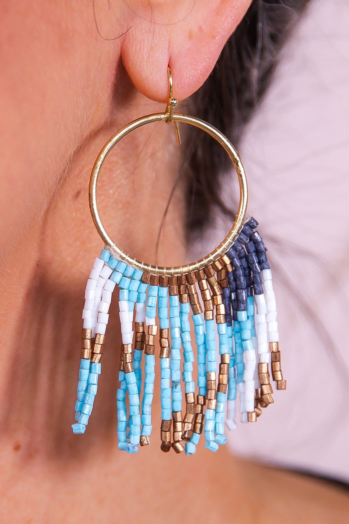Blue/Multi Color Hoop Seed Bead Tassel Earrings - EAR4292BL