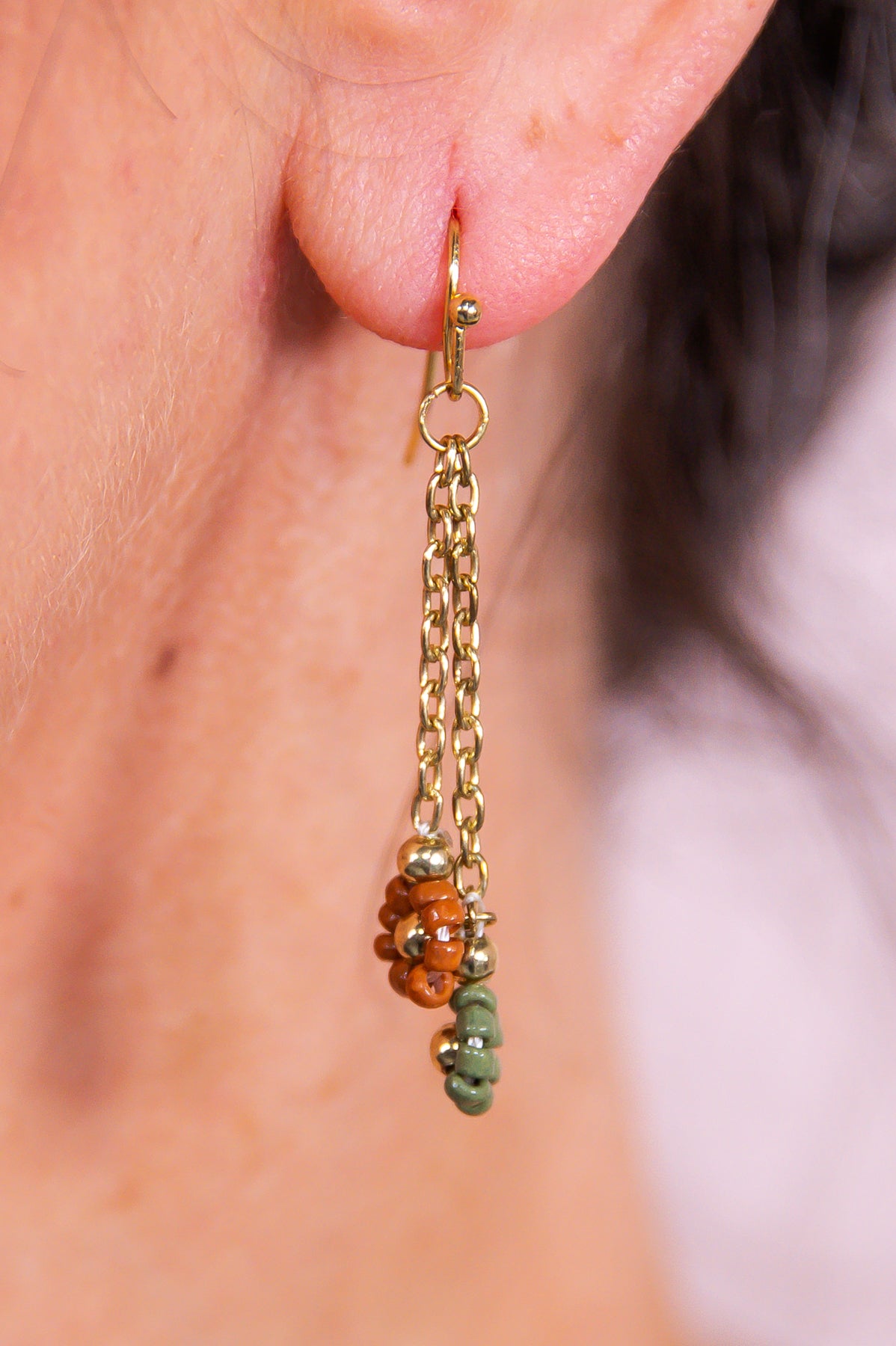 Rust/Olive Floral Seed Bead Tassel Drop Earrings - EAR4286RU
