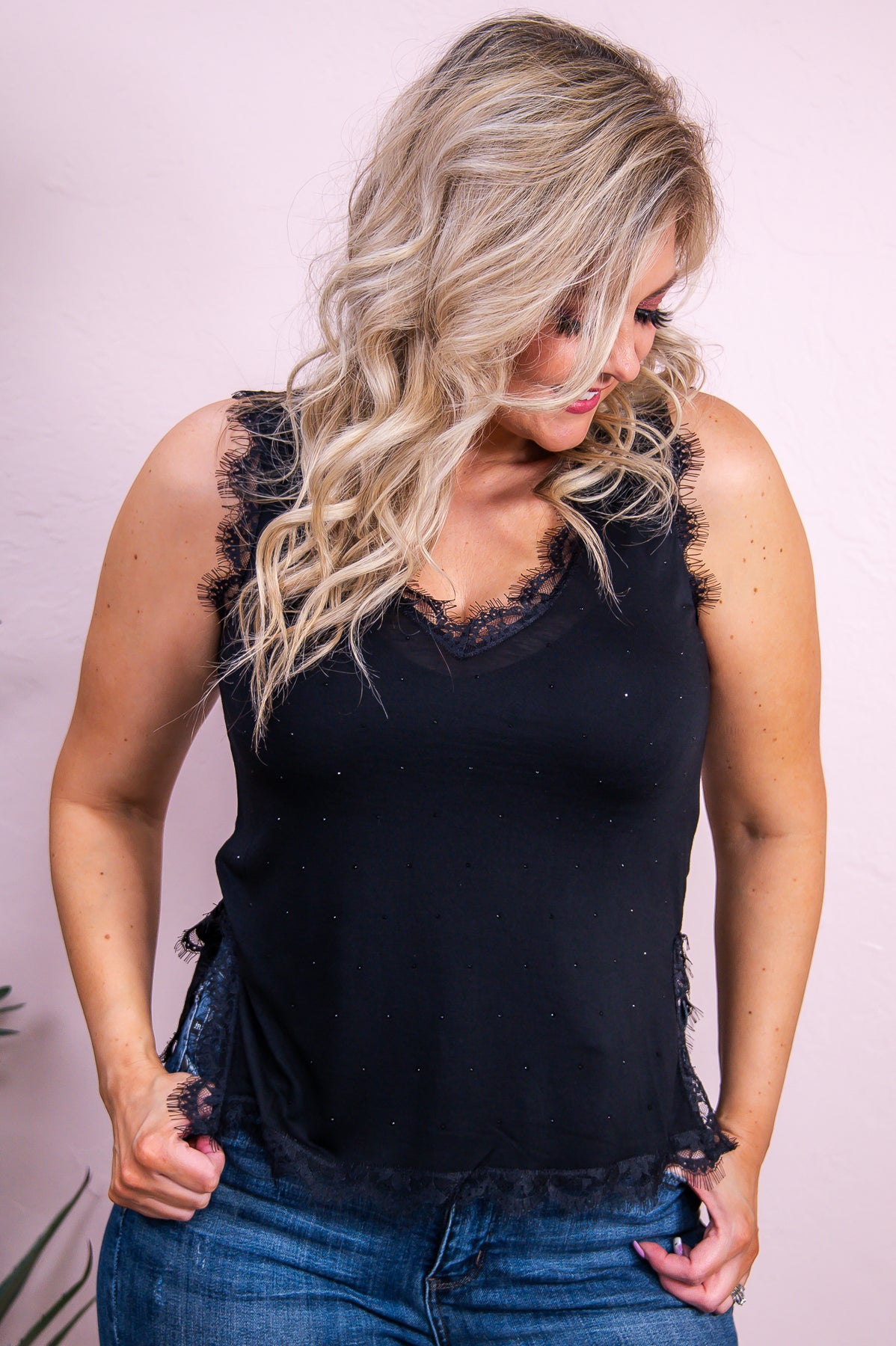 Your Little Angel Black Solid Floral Lace/Bling Tank Top - T9358BK