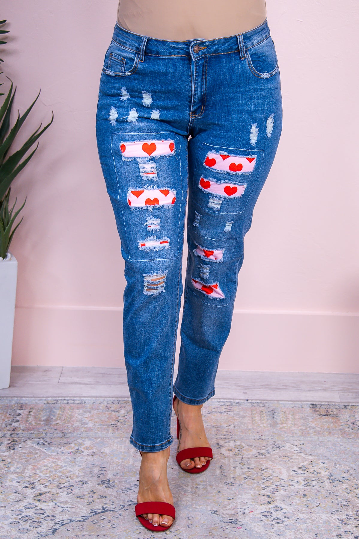 Juliet Medium Denim/Heart Printed Distressed Jeans - K1080DN