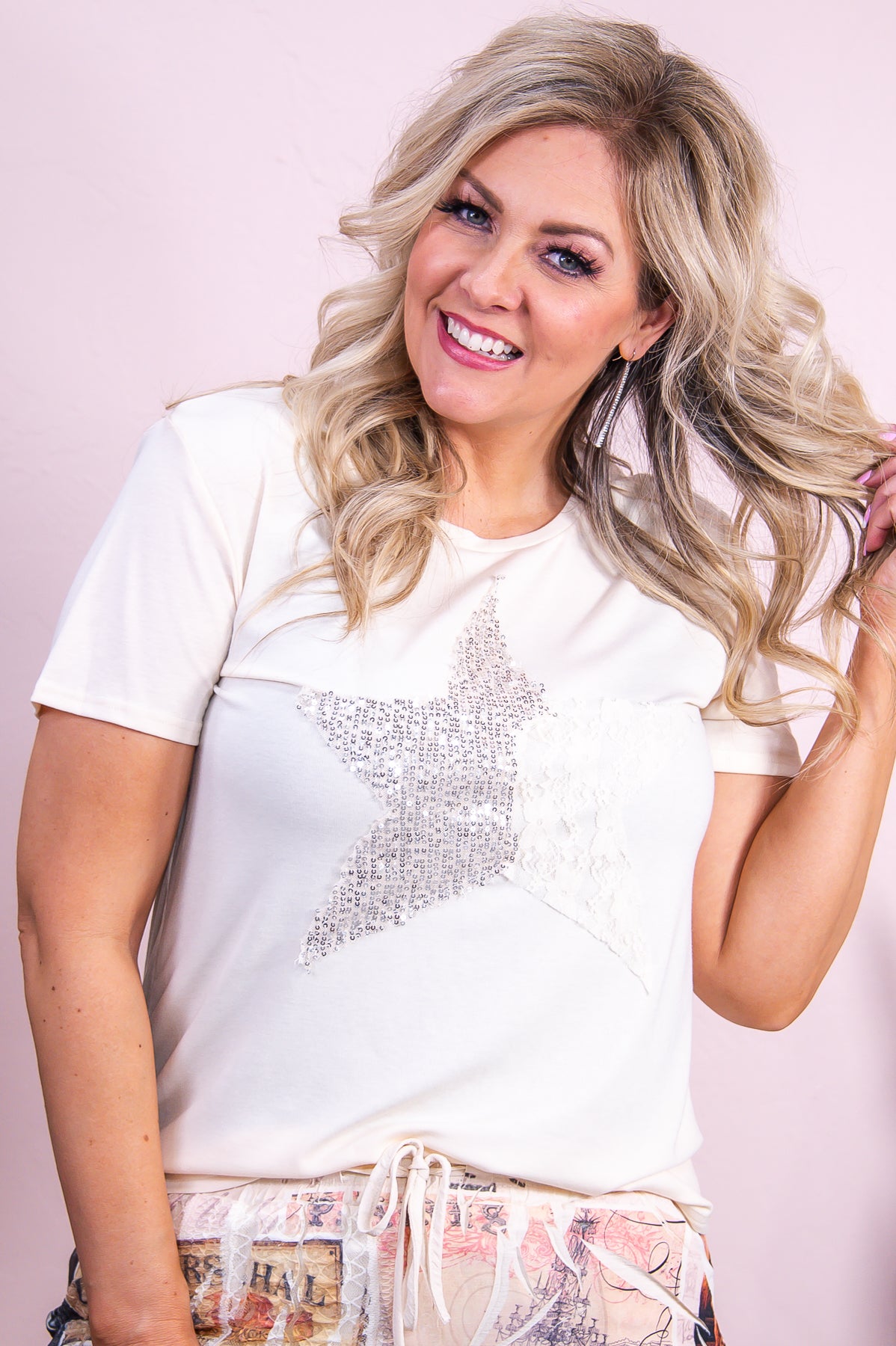 Stars In Your Eyes Beige Solid Floral Lace/Sequin Star Top - T9355BG