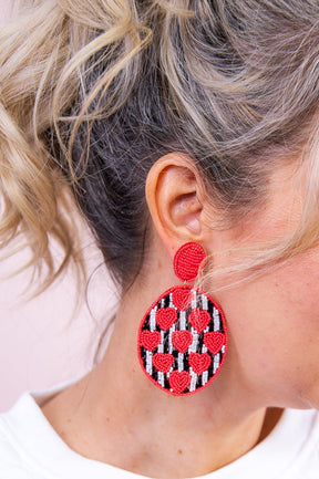 Red/Black/White Heart/Striped Seed Bead Oval Earrings - EAR4208RD