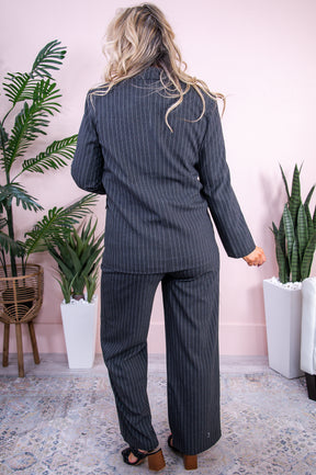 Queens Do Business Not Drama Charcoal Gray/Ivory Pinstripe Blazer/Pant (2-Piece Set) - O5397CG