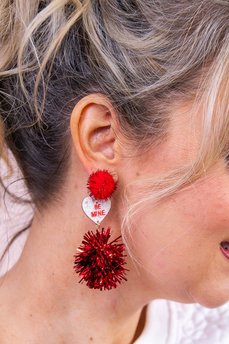 Red/Ivory Be Mine Tinsel Pom Pom Earrings - EAR4215RD