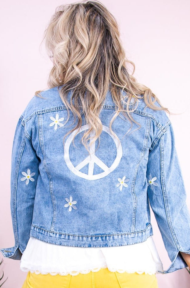 Everything Precious Medium Denim/Ivory Peace Sign/Floral Embroidered Jacket - O5396DN