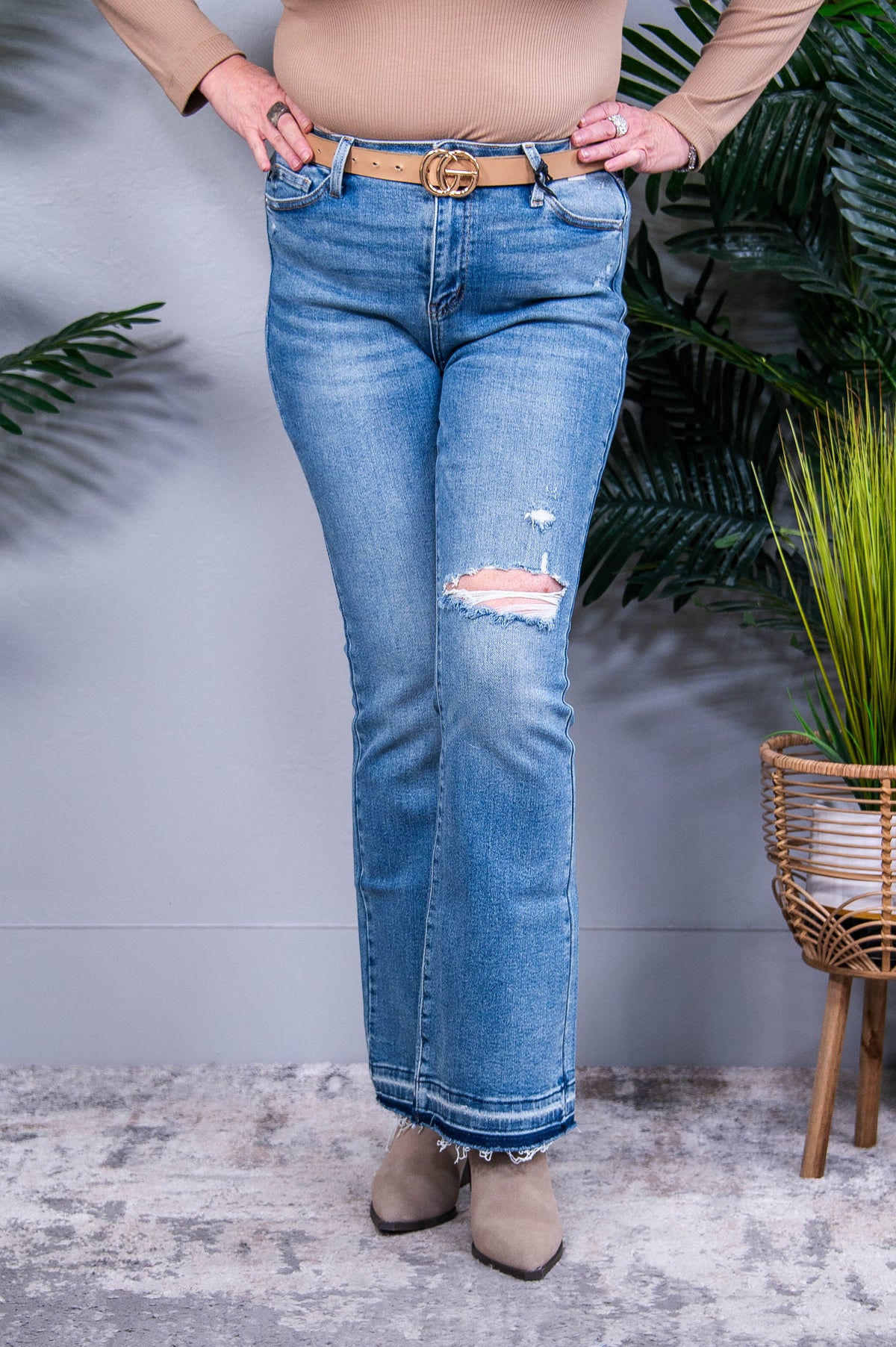 Isla Mid Rise Distressed Released Hem Bootcut Jeans- K1336DN