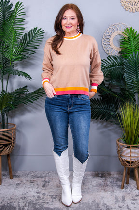 Conversational Moment Dark Beige Striped Trim Sweater - T10870DBE