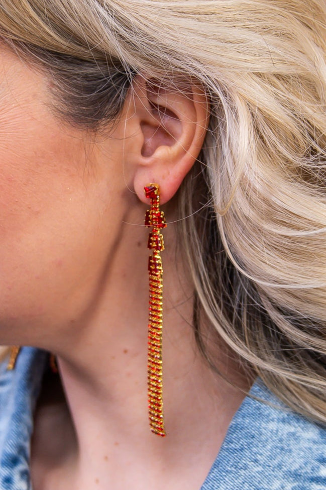 Red/Gold Rhinestone Fringe Earrings - EAR4226RD