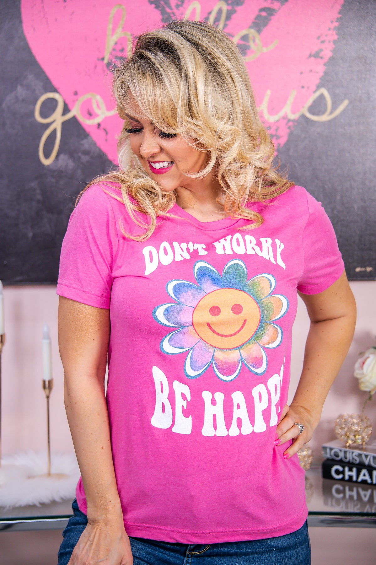 Don't Worry Be Happy Heather Charity Pink Graphic Tee - A2792HCP