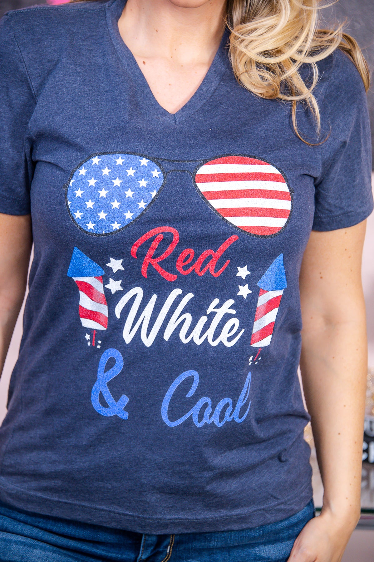 Red White & Cool Heather Navy V Neck Graphic Tee - A2795HNV