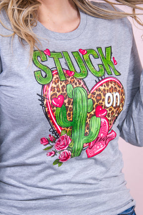 Stuck On You Athletic Heather Gray Long Sleeve Graphic Tee - A3106AHG