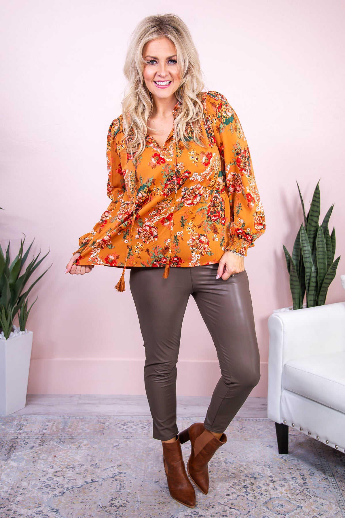 Gather The Courage Camel/Multi Color Floral Top - T7974CA