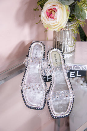 Flawless Appeal Silver/Clear Studded Slip-On Sandals - SHO2601SI