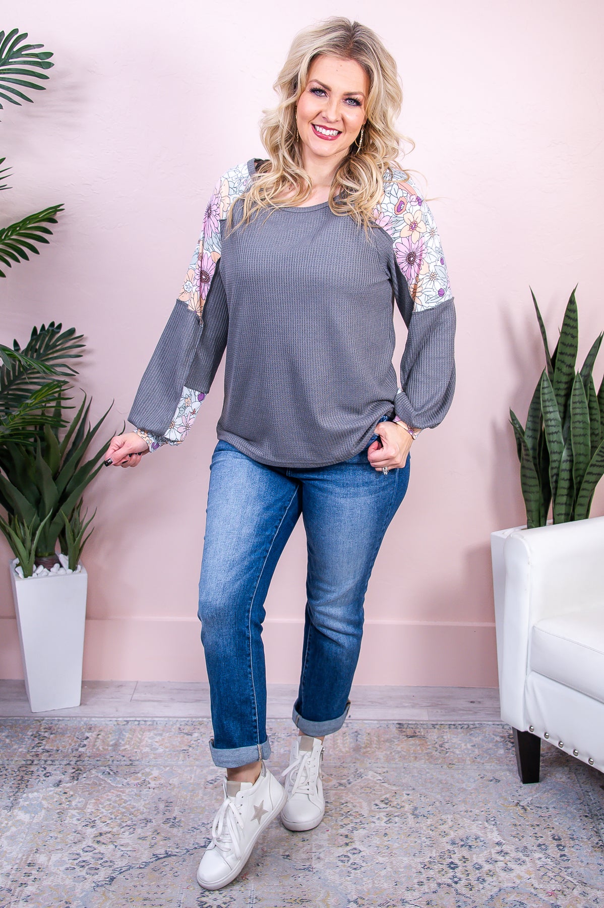 Blooming With Gratitude Gray/Multi Color Floral Top - T8649GR