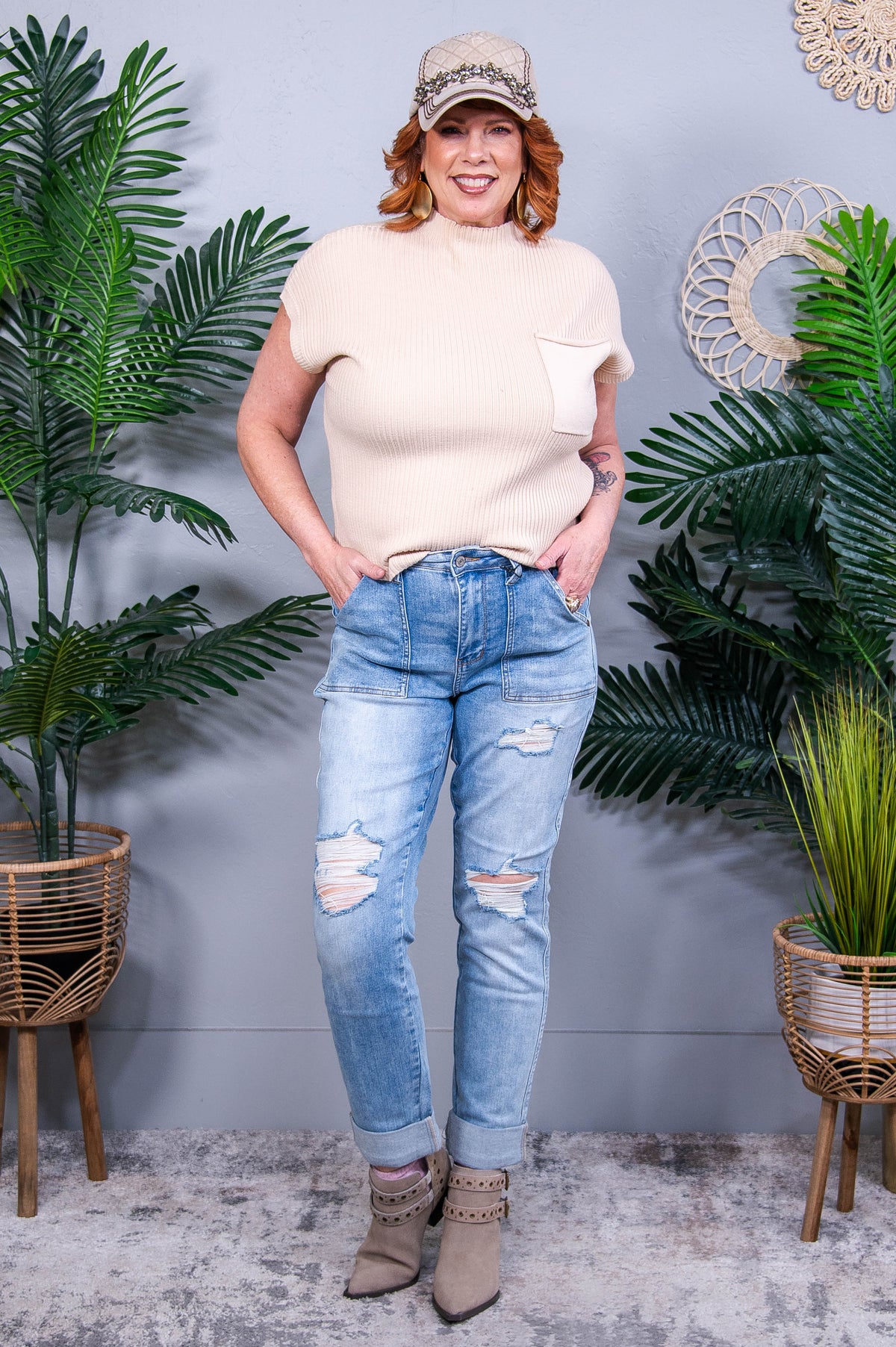 Aiden High Rise Patch Pocket Distressed Boyfriend Jeans - K1340DN