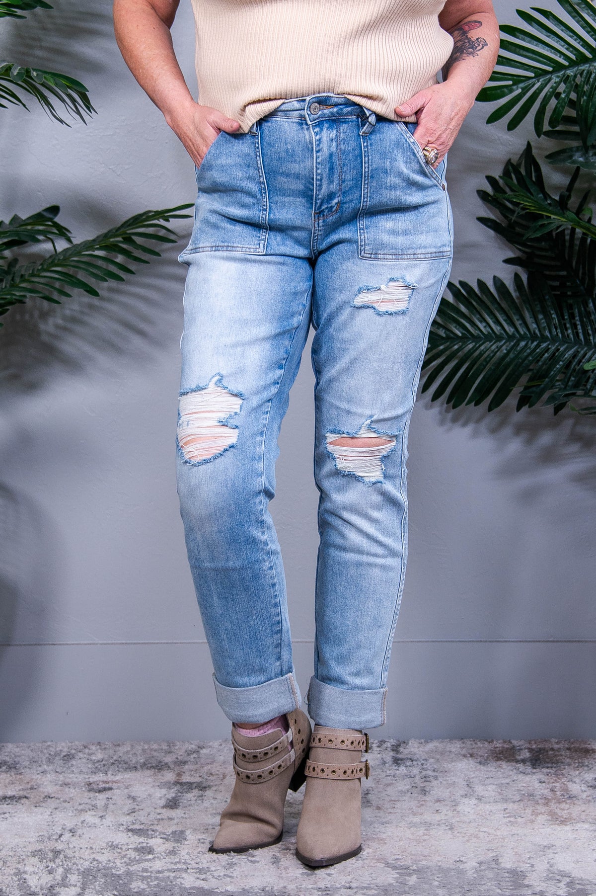 Aiden High Rise Patch Pocket Distressed Boyfriend Jeans - K1340DN