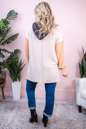 Settling In Nicely Taupe/Apricot/Charcoal Gray Colorblock High-Low Tunic - T8650TA
