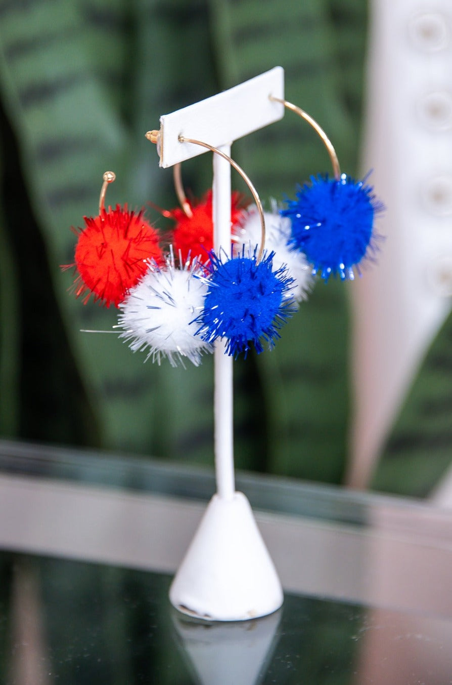 Red/White/Blue Hoop Pom Pom Earrings - EAR4120RD