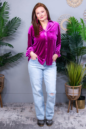 The Best Policy Velvet Magenta Balloon Sleeve Top - T10944MG