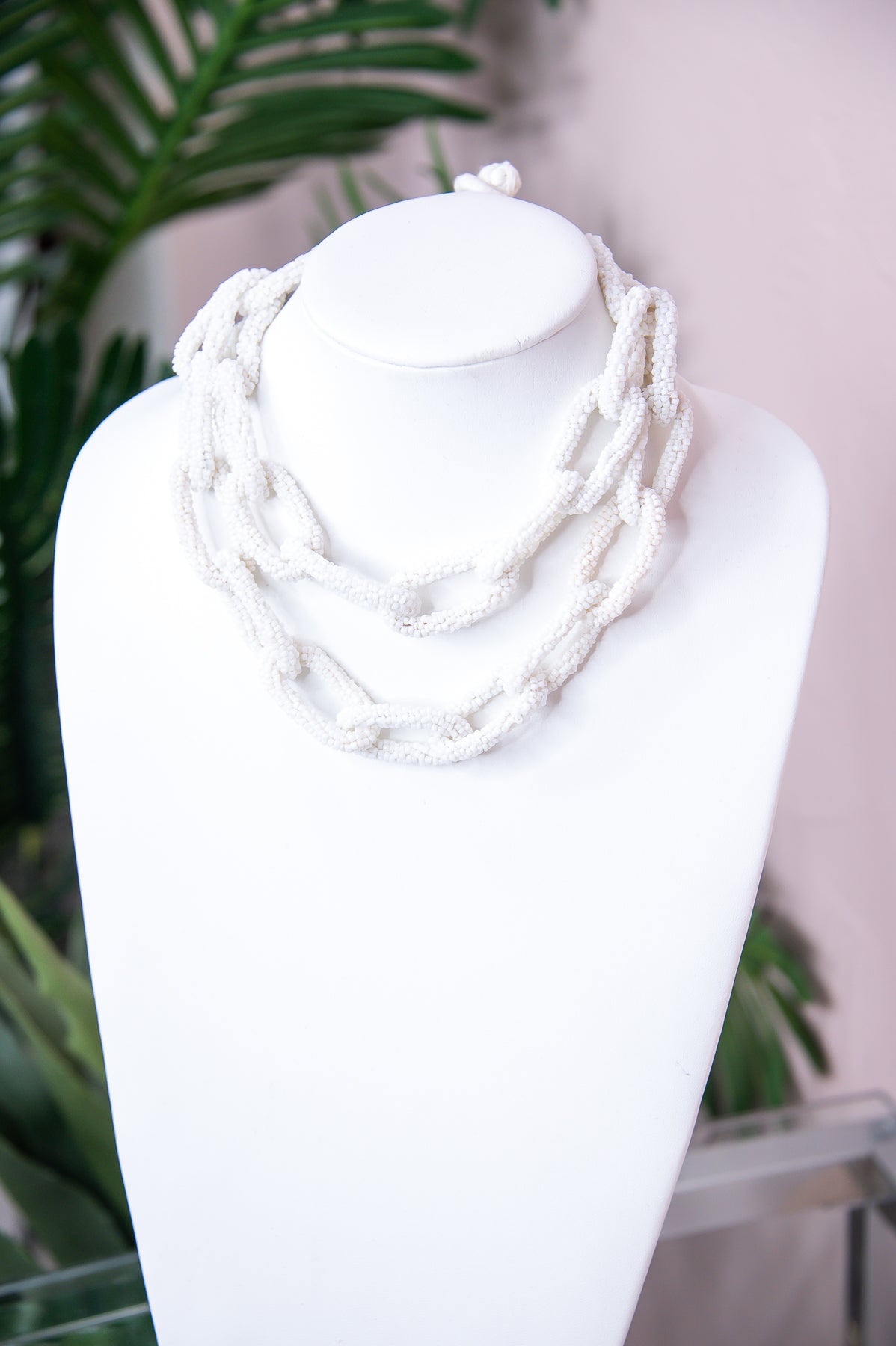 Ivory Seed Bead Chain Link Double Layered Necklace - NEK4197IV