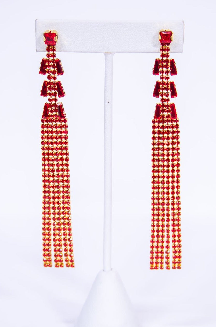 Red/Gold Rhinestone Fringe Earrings - EAR4226RD