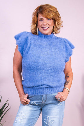 Vineyard Charm Blue Solid Knitted Faux Fur Top - T10268BL