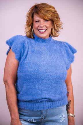 Vineyard Charm Blue Solid Knitted Faux Fur Top - T10268BL
