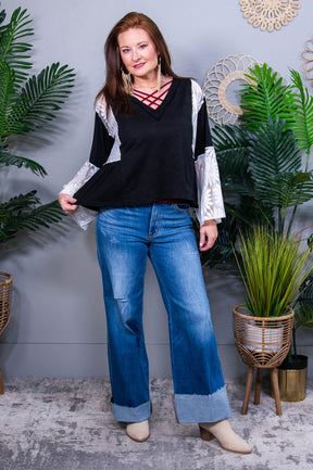 Lace Your Way V-Neck Flare Sleeve Blouse - T11260BK