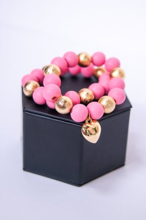 Pink/Gold Beaded Heart Charm Stackable Bracelet - BRC3363PK