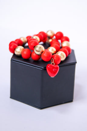 Red/Gold Beaded Heart Charm Stackable Bracelet - BRC3364RD