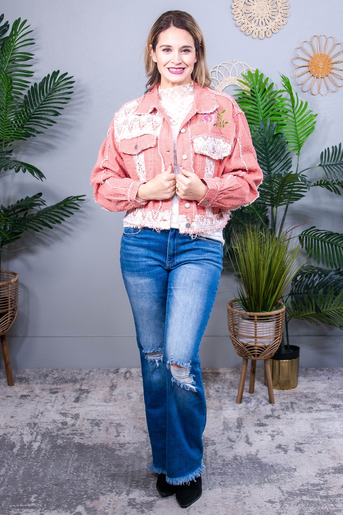 Outdoor Adventurer Pink Crocheted/Embroidered Jacket- O5820PK