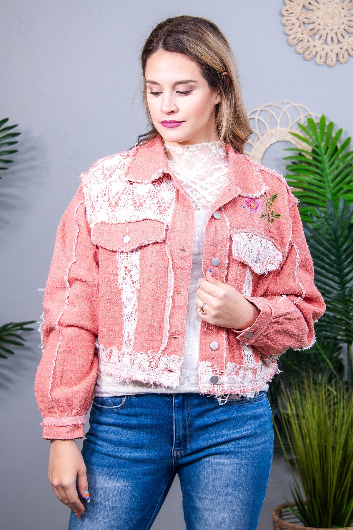 Outdoor Adventurer Pink Crocheted/Embroidered Jacket- O5820PK
