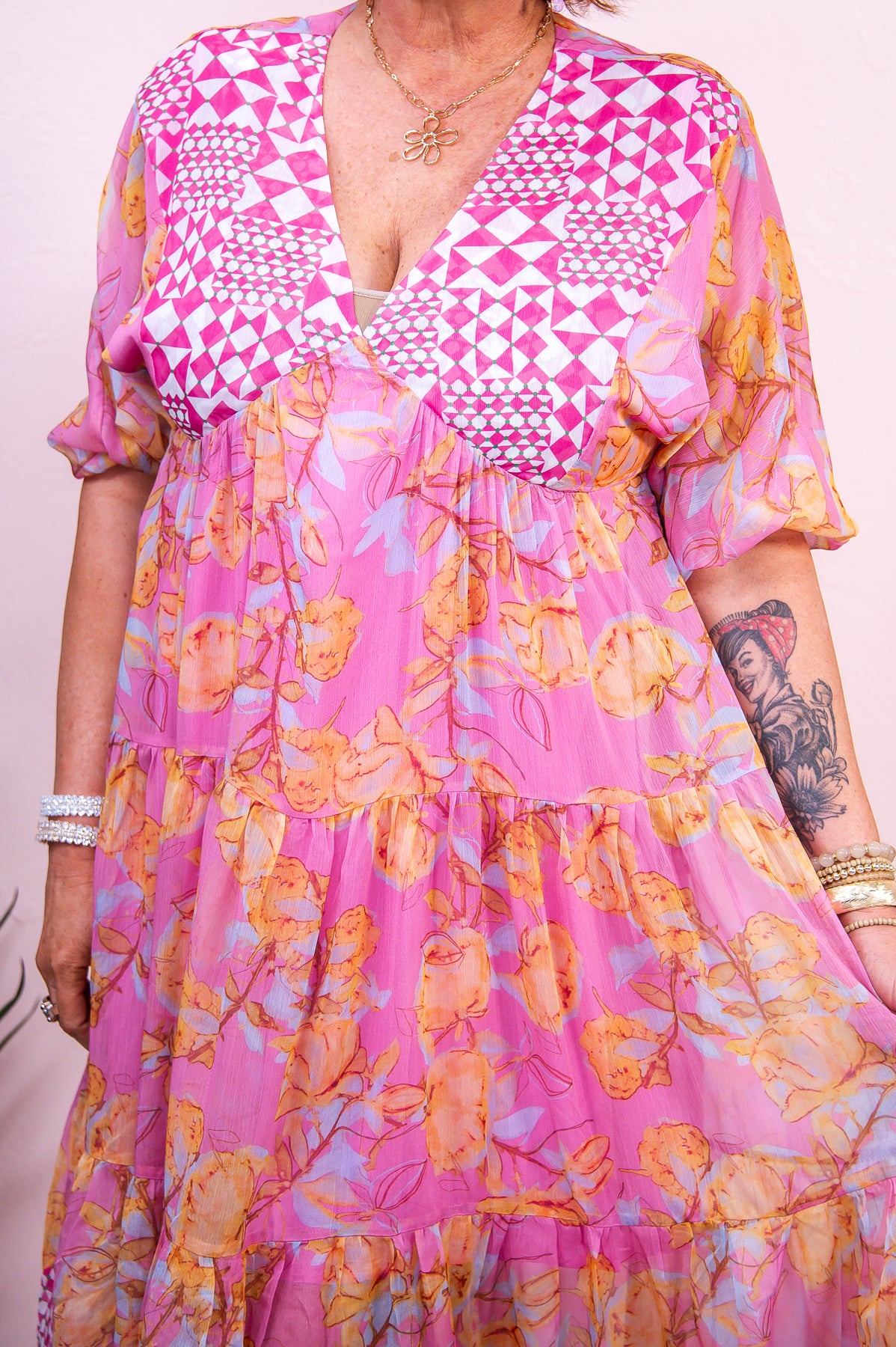 Floral Frenzy Pink/Multi Color Floral Sheer Dress - D5263PK