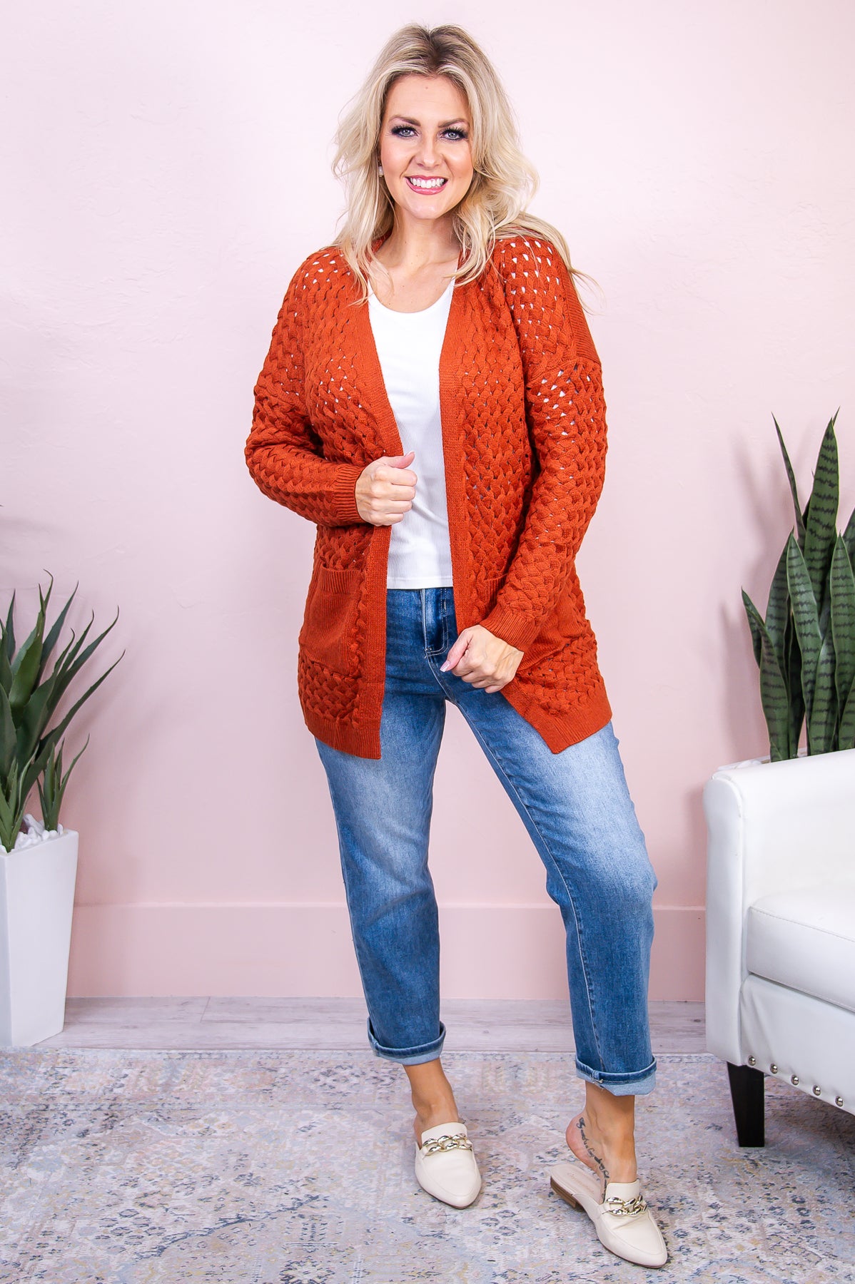 Mind Your Heart Rust Solid Knitted Cardigan - O4991RU