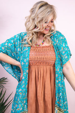 Bouquet Toss Seafoam/Multi Color Floral Asymmetrical Kimono - O5403SF