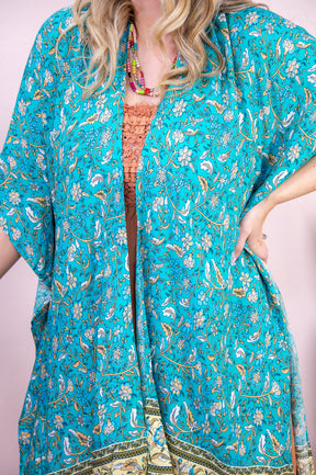 Bouquet Toss Seafoam/Multi Color Floral Asymmetrical Kimono - O5403SF