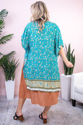 Bouquet Toss Seafoam/Multi Color Floral Asymmetrical Kimono - O5403SF