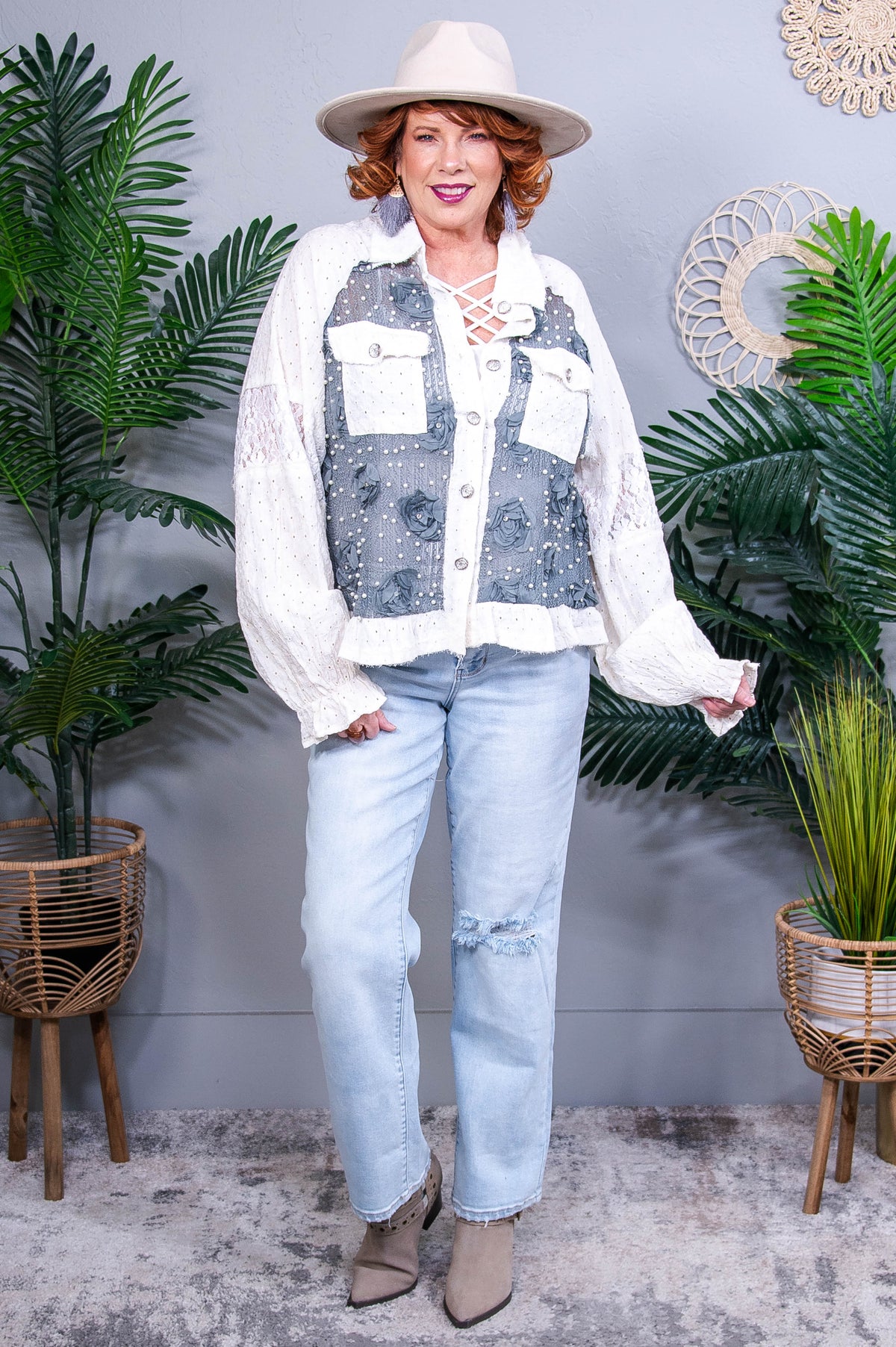 The Flower Edit Charcoal/Cream Pearl Detail Lace Patchwork Top - T10969CH