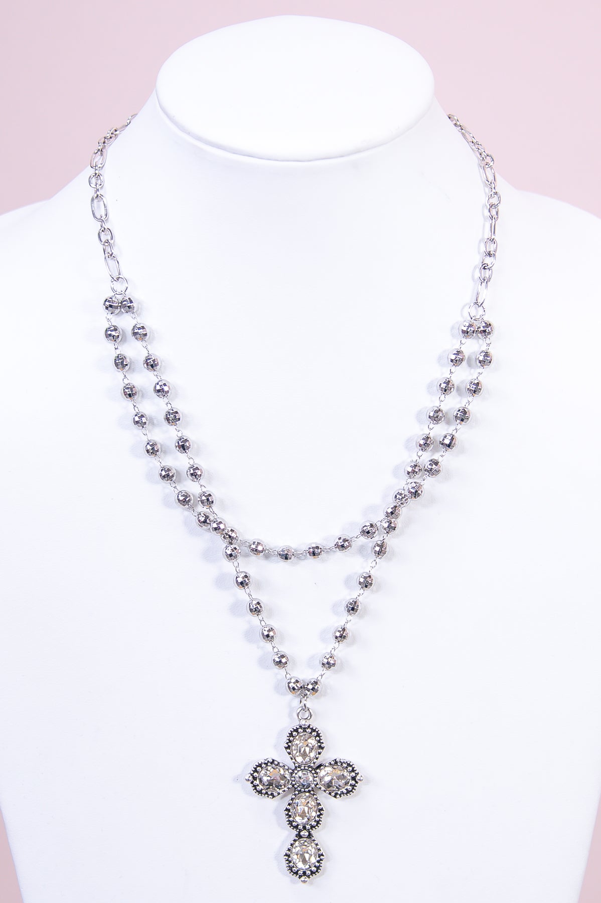 Silver/Clear Bling Cross Layered Necklace - NEK4328SI