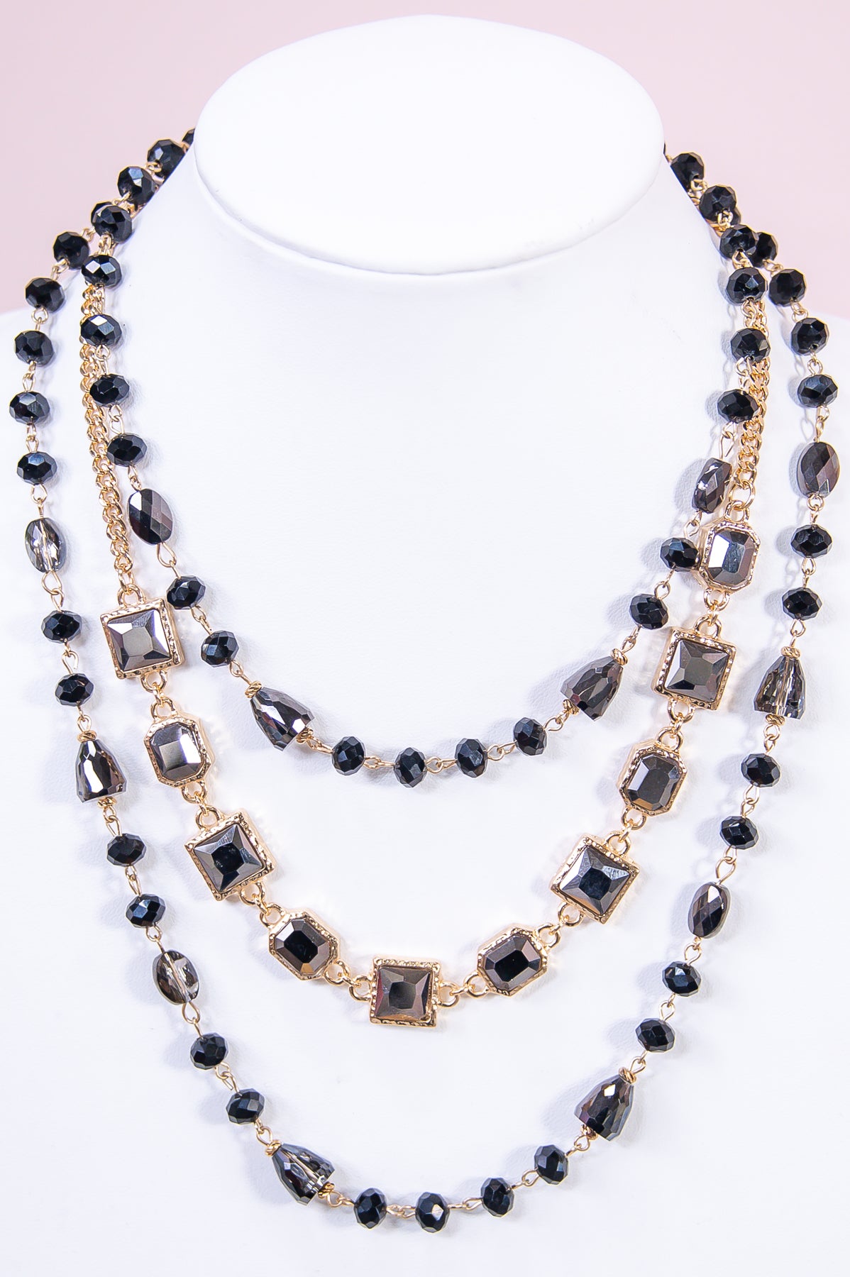 Black/Gold Beaded/Bling Layered Necklace - NEK4324BK