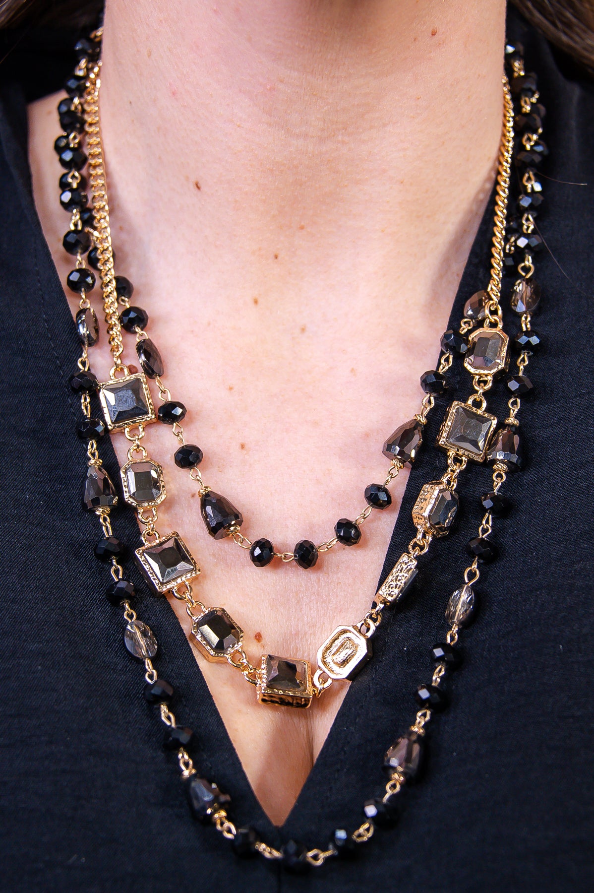 Black/Gold Beaded/Bling Layered Necklace - NEK4324BK