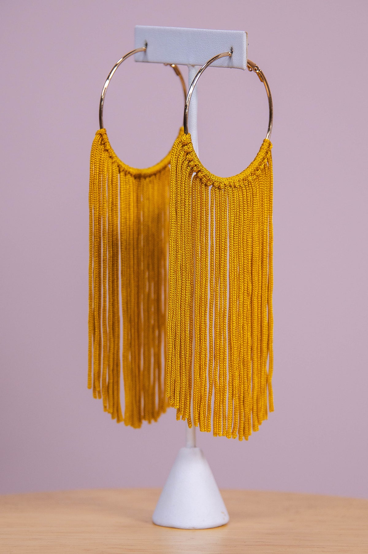 Long Dark Mustard Tassel Gold Hoop Earrings - EAR4369DMU