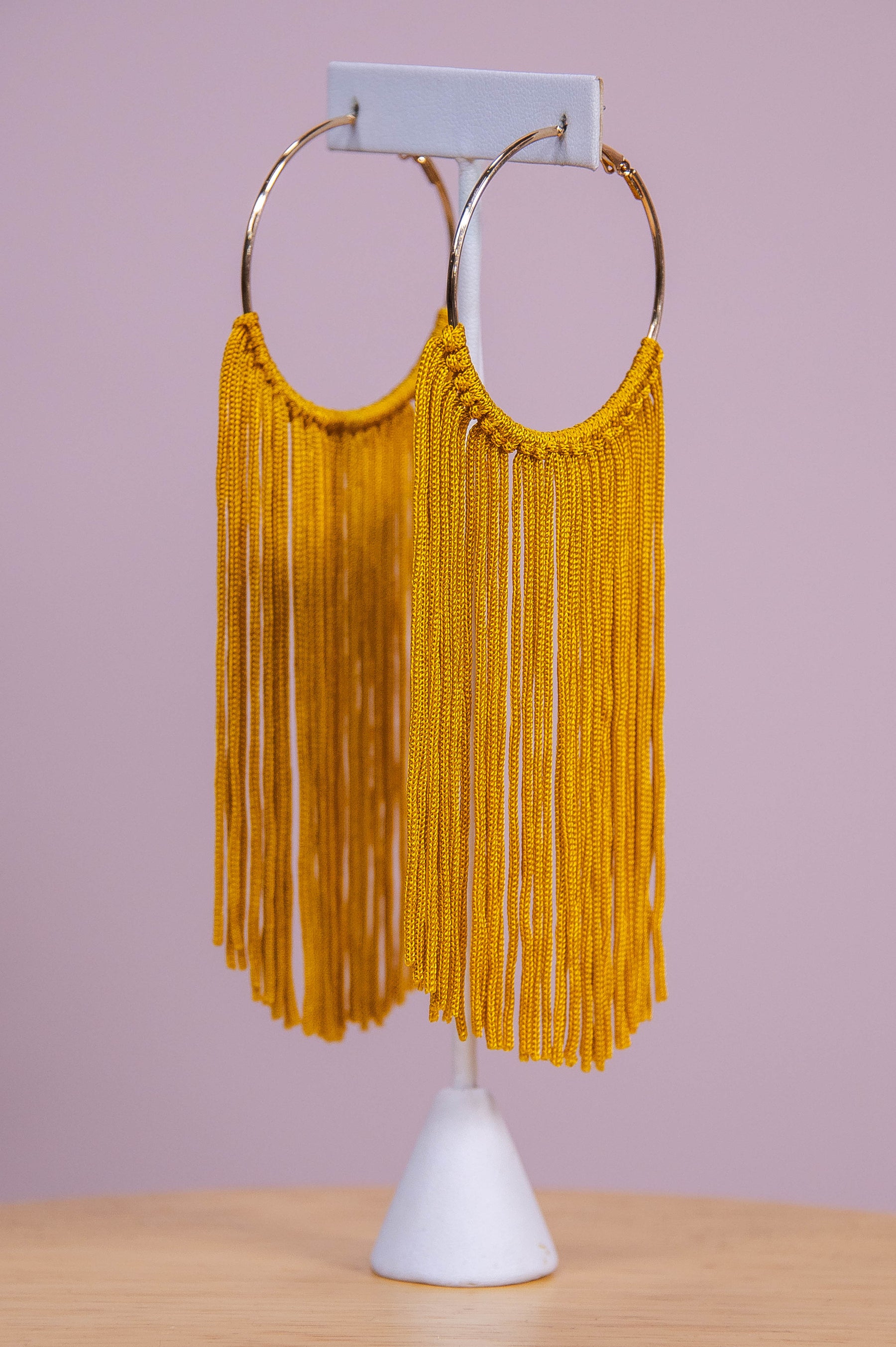 Long Dark Mustard Tassel Gold Hoop Earrings - EAR4369DMU