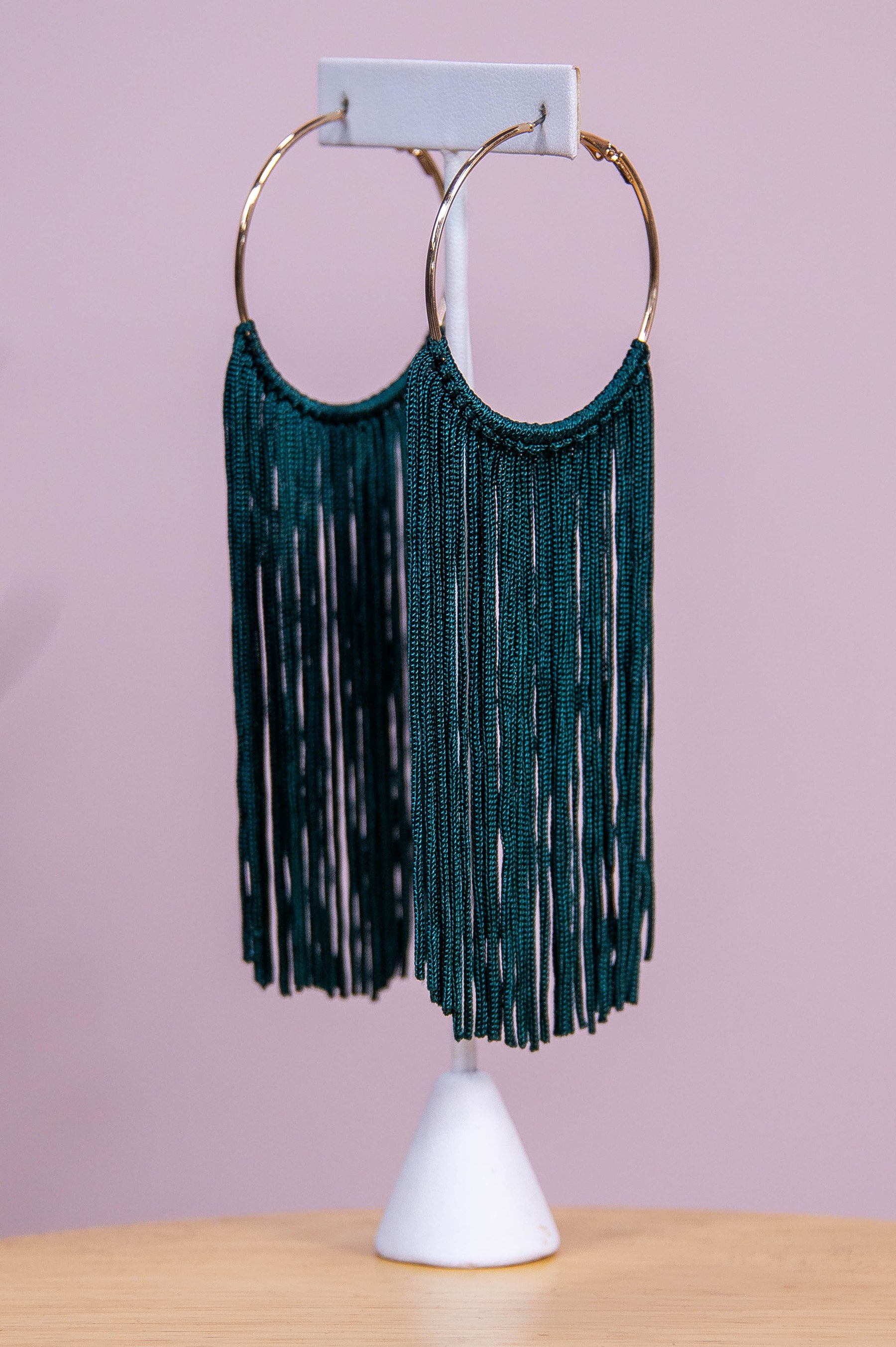 Long Dark Green/Gold Tassel Hoop Earrings - EAR4371DGN