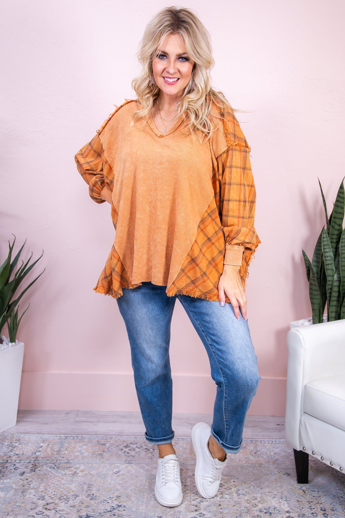 Have Their Attention Amber/Multi Color Plaid Asymmetrical V Neck Top - T7988AM