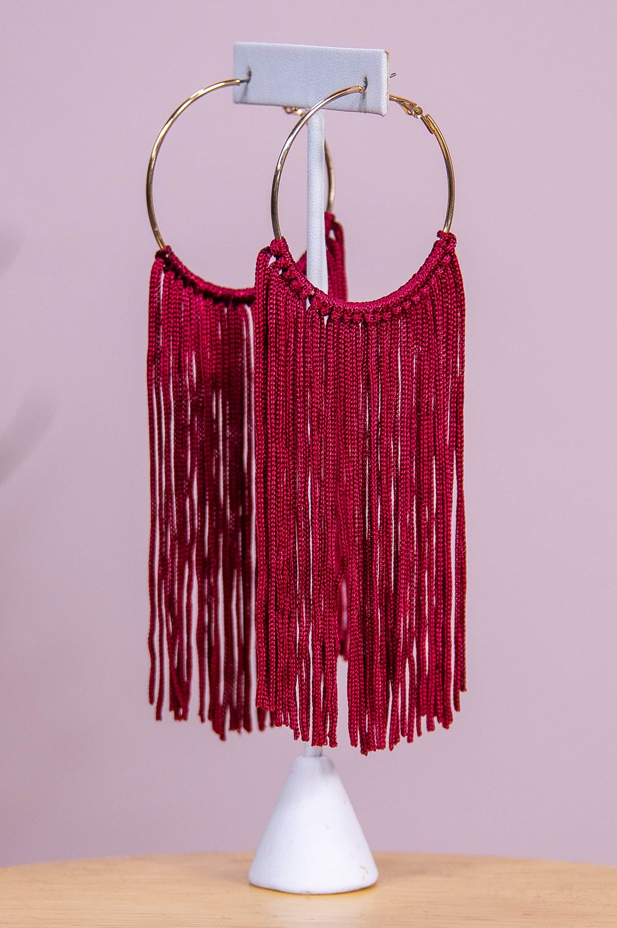 Long Burgundy Tassel Gold Hoop Earrings - EAR4368BU